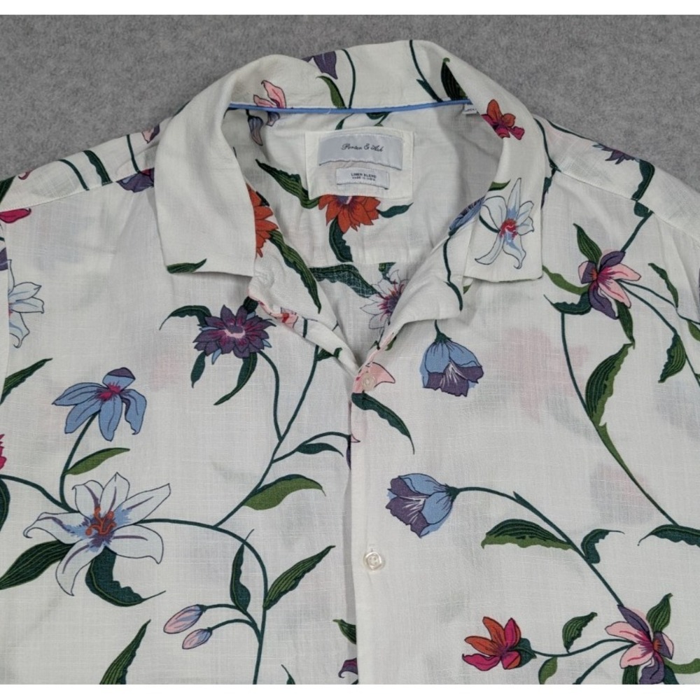 Porter & Ash Men Shirt Large Floral Short Sleeve Linen‎ Blend Collared